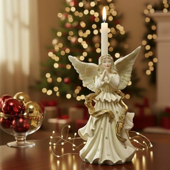 Vintage Praying Angel Figurine with Gold Details & Taper Candle Holder - Picture 3 of 16